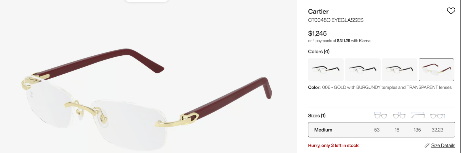 NEW! Cartier Glasses Canazei Burgundy /Gold CT0048O