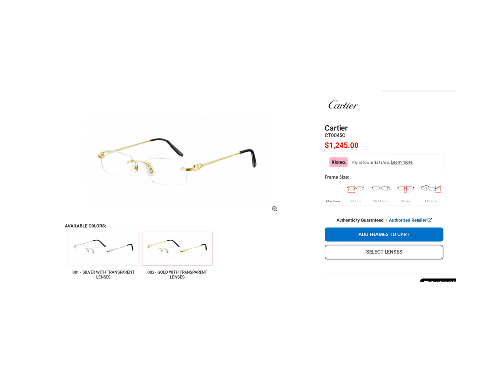 NEW Cartier CT0045O Bolon Gold Rimless Eyeglasses Frame Authentic Luxury
