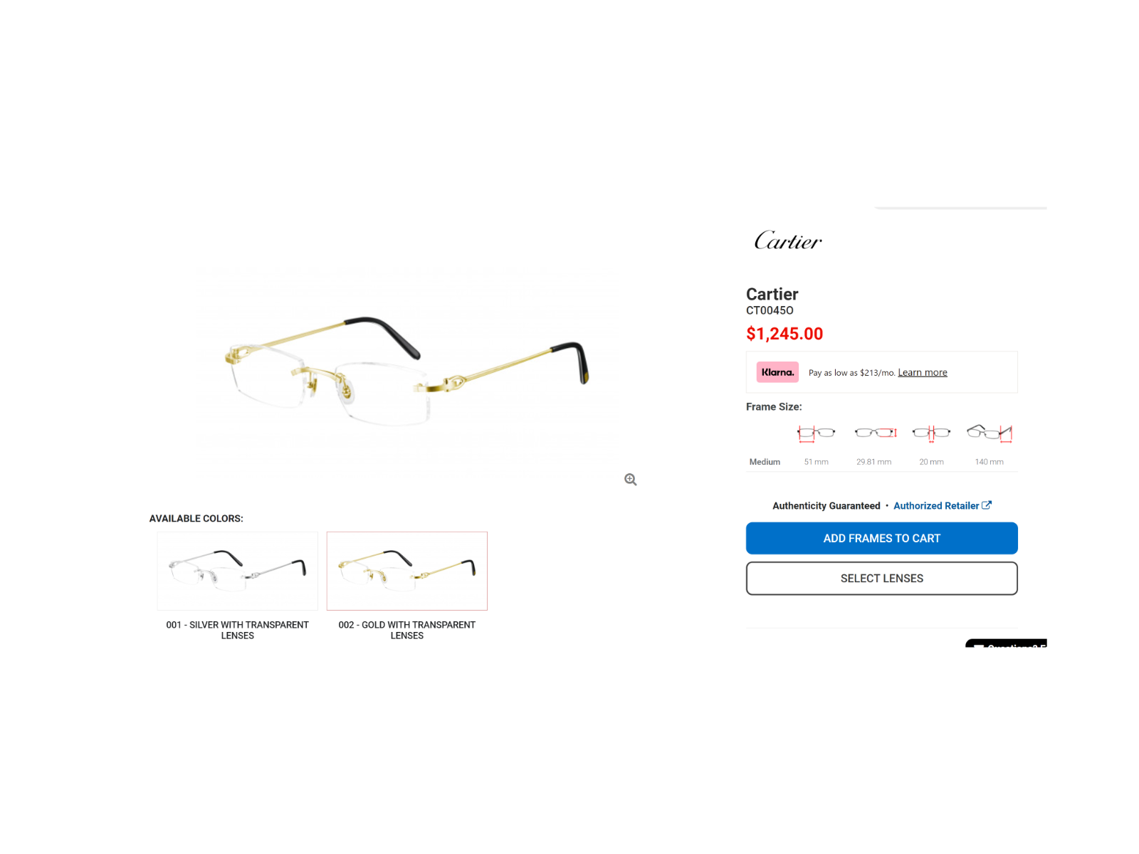 NEW Cartier CT0045O Bolon Gold Rimless Eyeglasses Frame Authentic Luxury