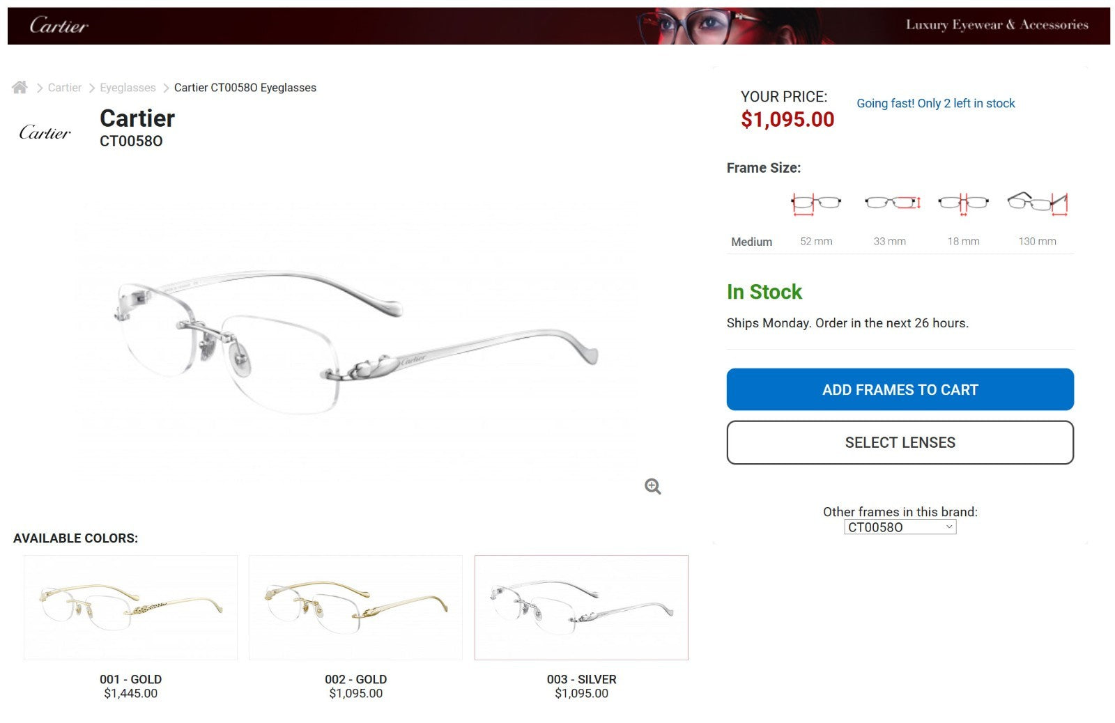 Authentic Cartier Silver Panthere Glasses CT00580