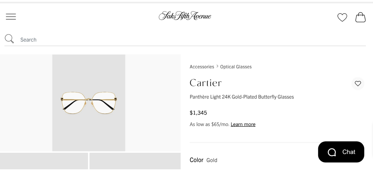 Authentic Panther Gold-Plated Metal Butterfly Eyeglass - Gold/Silver - CT0417O