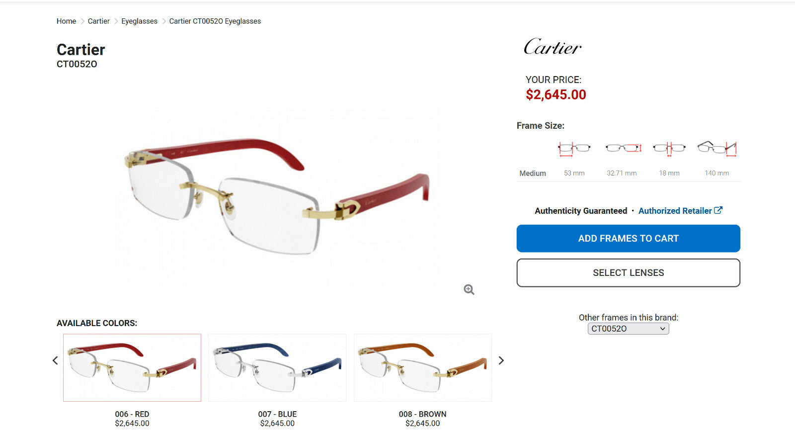 NEW! Cartier Red Wood Gold Glasses CT00520
