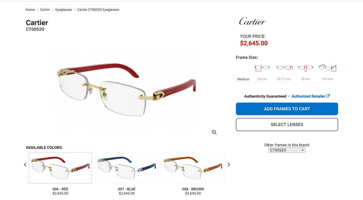 NEW! Cartier Red Wood Gold Glasses CT00520