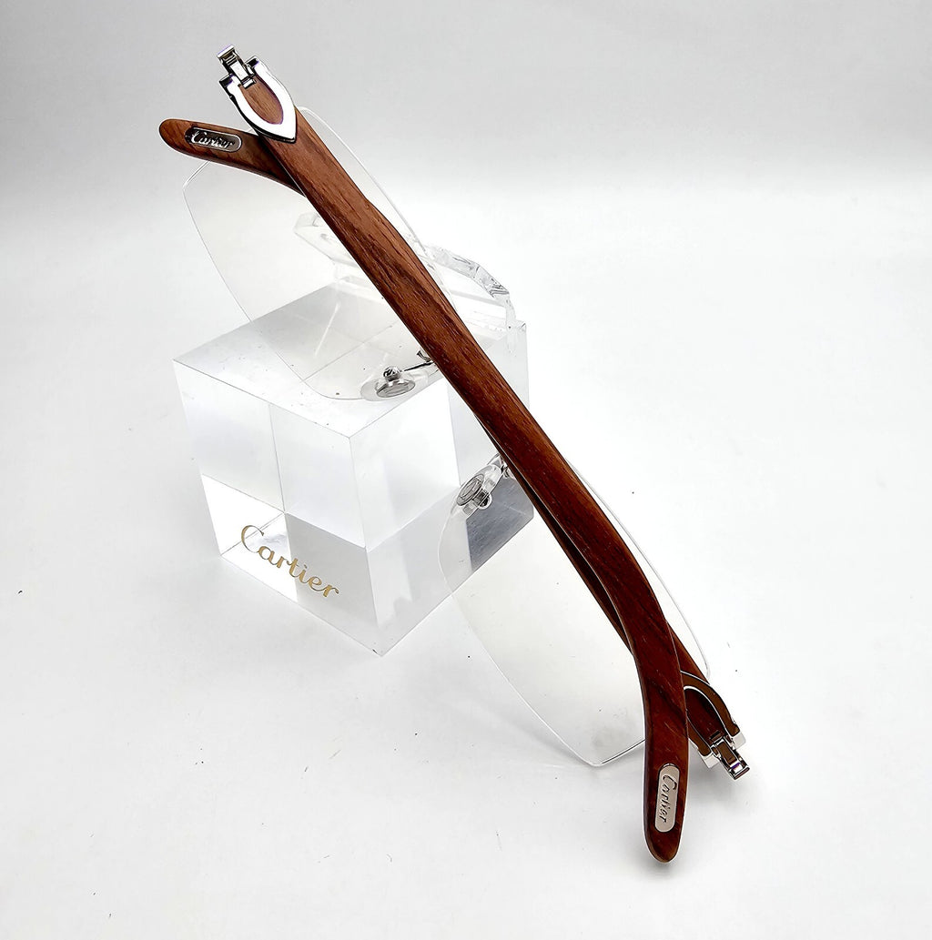NEW! Authentic Cartier Brown Wood Silver Glasses