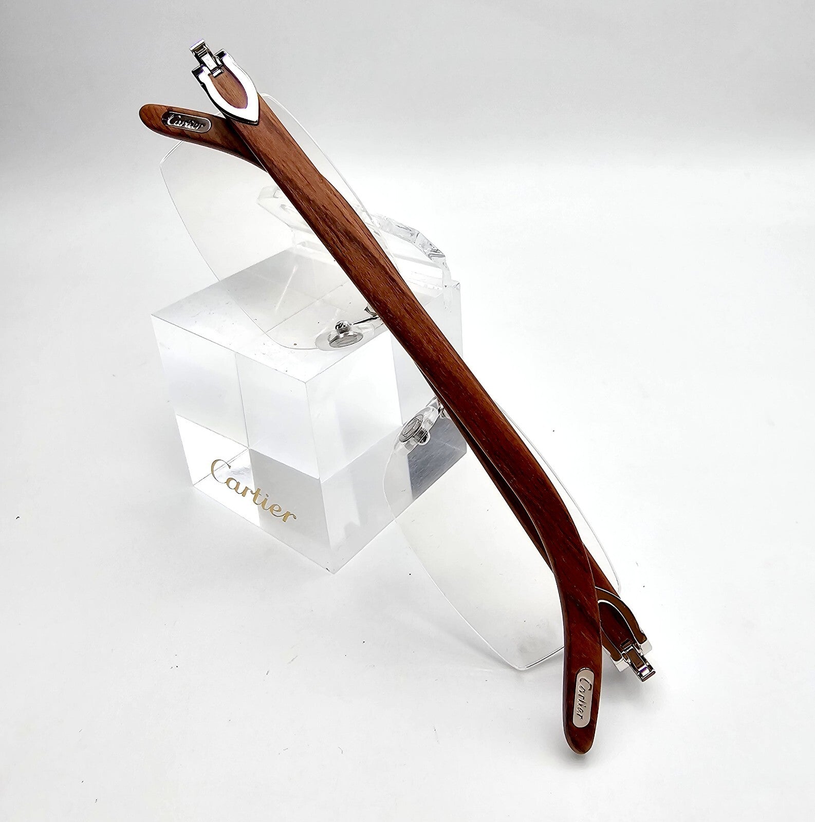 NEW! Authentic Cartier Brown Wood Silver Glasses