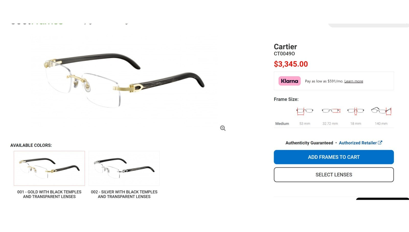Authentic Cartier Black Buffalo Horn Glasses CT00490 Gold Unisex Luxury Eyewear